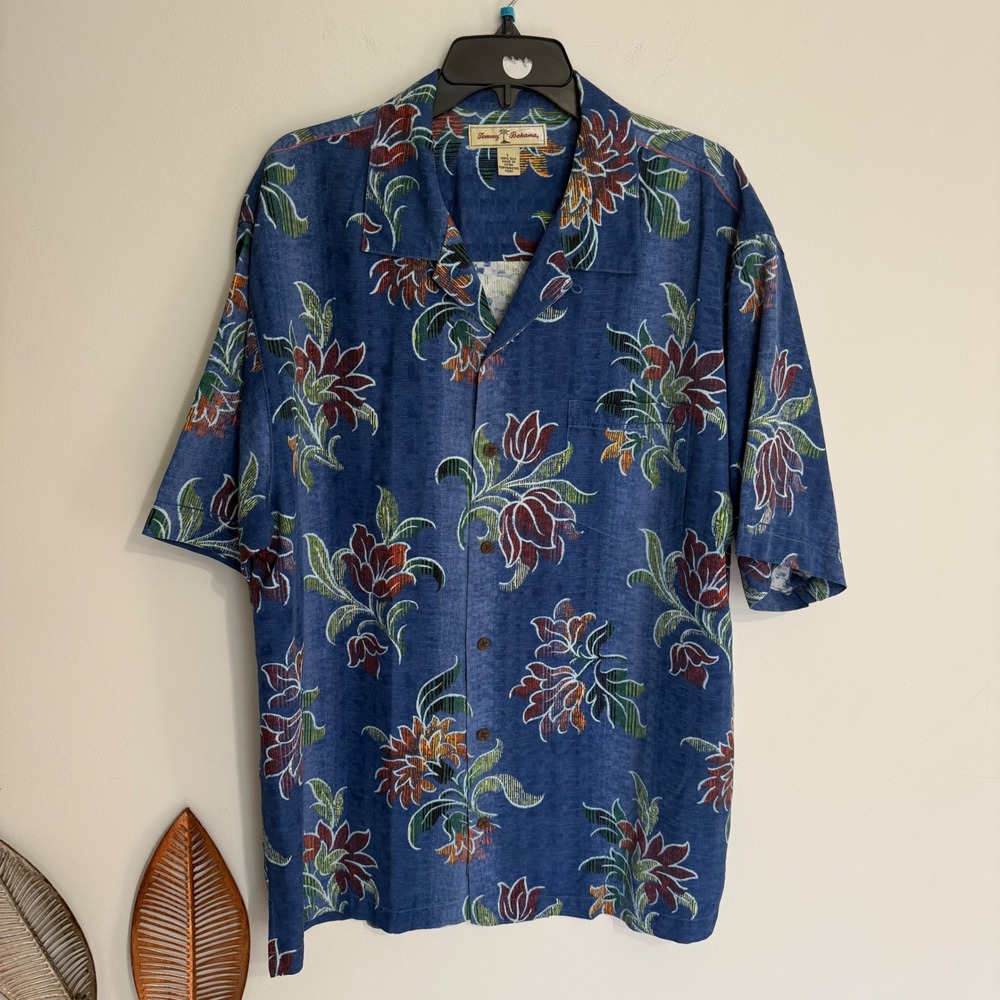 Tommy Bahama Mens Large Silk Camp Shirt Blue Floral Tropical Short Sleeve Button